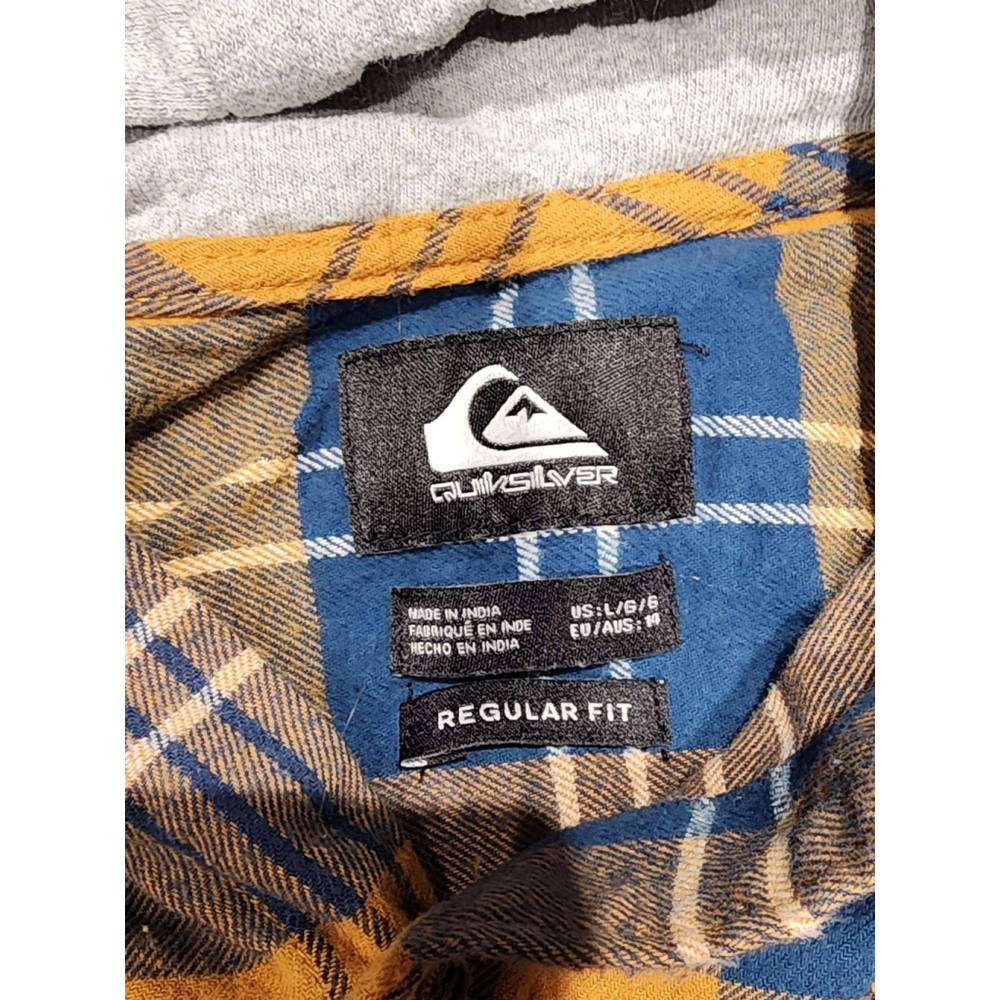 Quiksilver Plaid Flannel Hooded Shirt Long Sleeve Button Up Blue Tan Kids Large - Picture 2 of 6